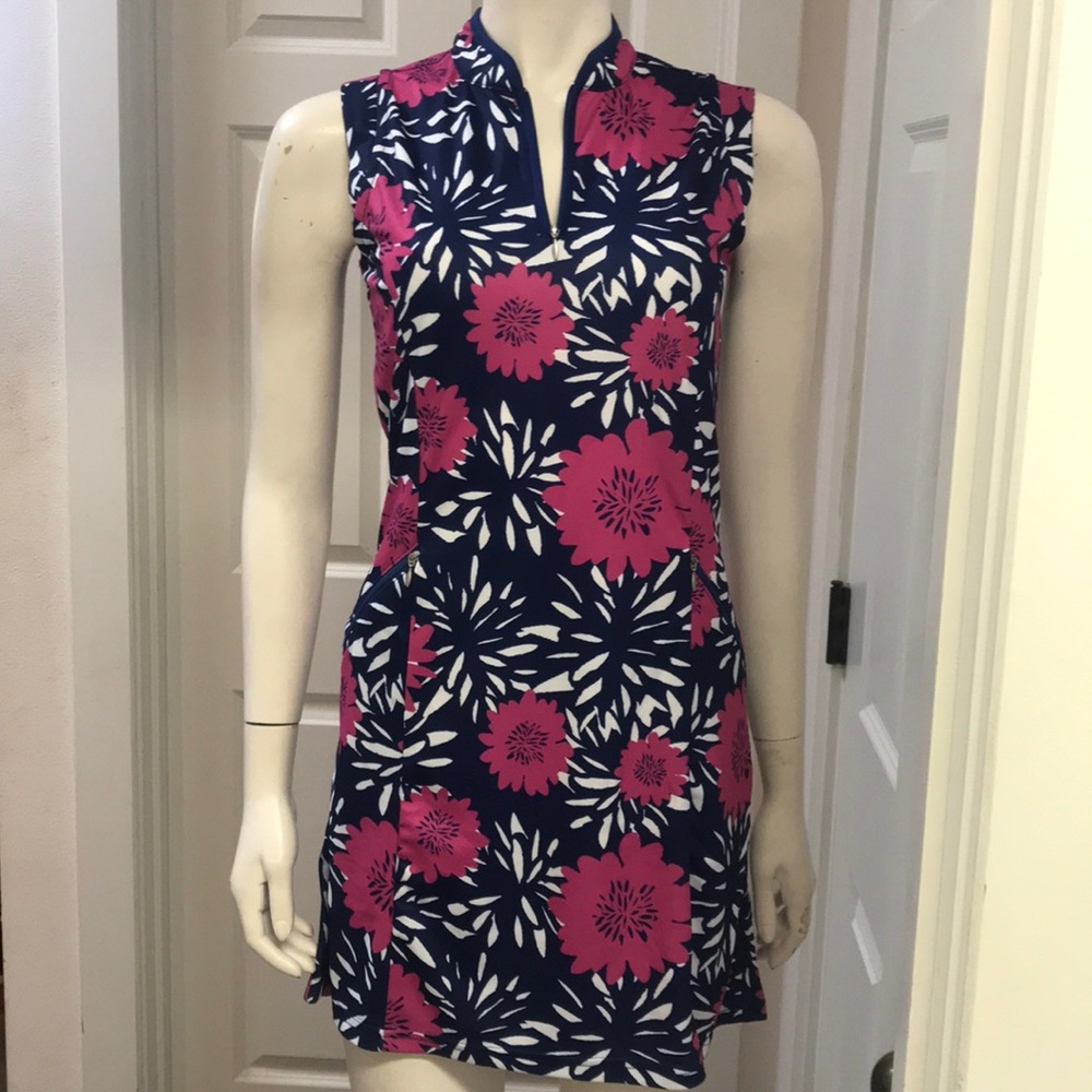 Navy Blue Sleeveless Floral Shift Dress with Pink Blooms